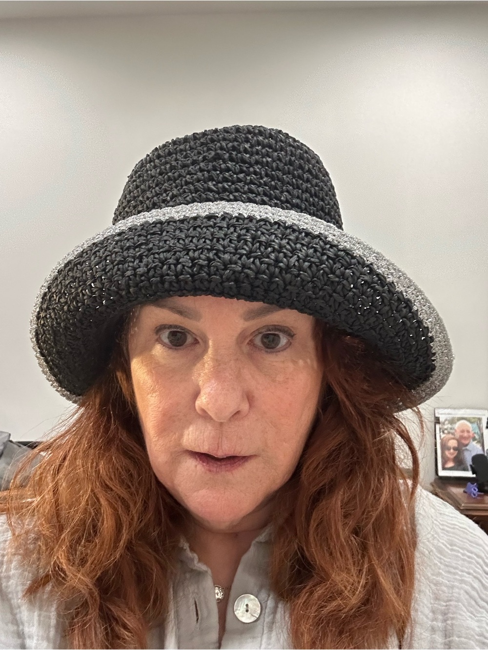 Women's Black Crochet Sun Hat with Silver Trim